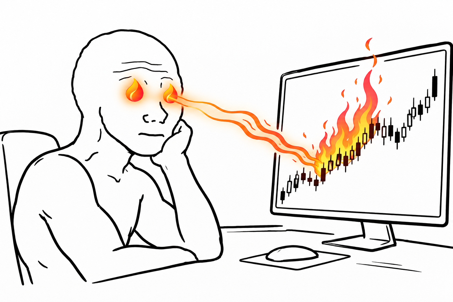 Emberjak staring at a candlestick chart that catches fire